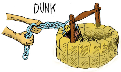 Dunking the bucket into the well with the chain.