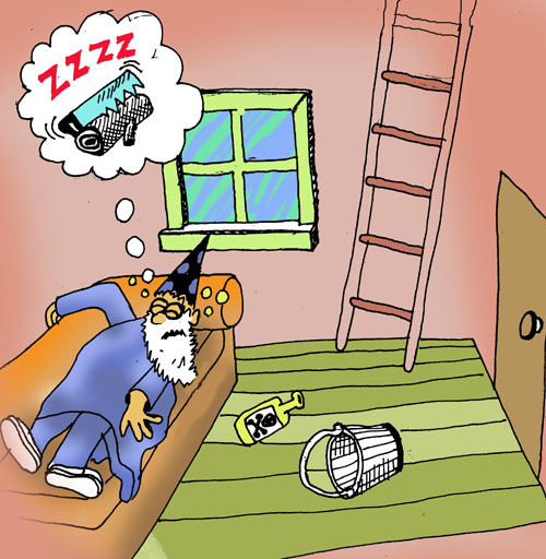 The living room: sleeping Wizard, bottle, bucket on floor